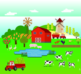 Fototapeta na wymiar Set of the farming agriculture concept flat vector illustration. Agriculture and Farming. Agribusiness. Rural landscape.