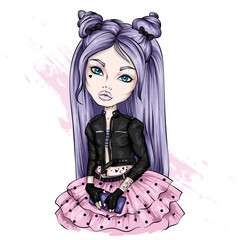 Beautiful girl in a stylish jacket and skirt. Illustration for a postcard or a print on clothes. Fashion and style, accessories.