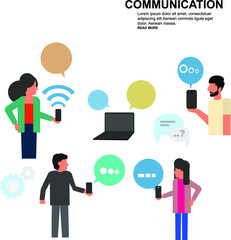 Social network web site surfing concept illustration of young people using mobile gadgets such as smartphone, tablet and laptop to be a part of online community. Flat guys and women sitting