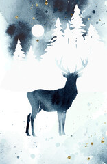 Vector silhouette of reindeer. Watercolor winter landscape with isolated animal, sky, moon and forest in blue and gold colors. Watercolor deer vector illustration and splash.