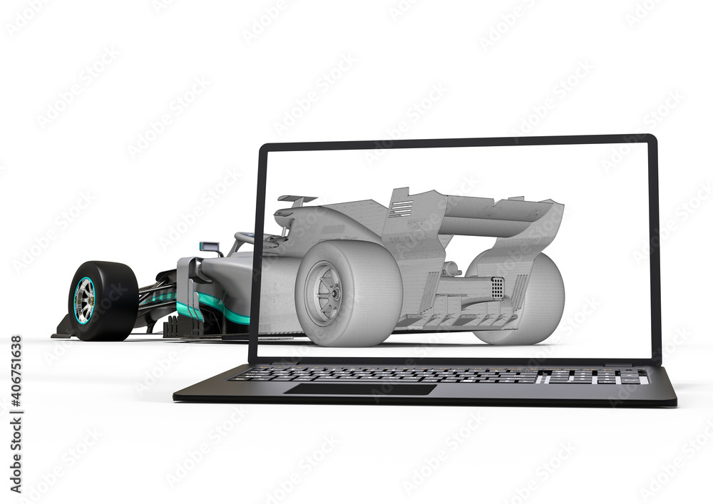 Poster 3d render image representing computer aided design of a race car