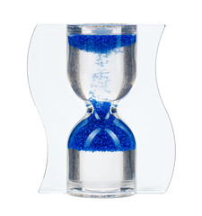 Blue hourglass isolated on white background close up