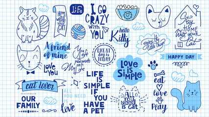 Big set of motivational phrases, quotes, and stickers. Cat's theme and set number 3. Handwritten words for every design production.