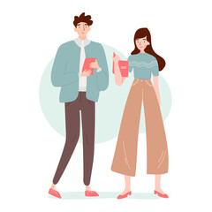 Two office workers or colleagues are talking. Teamwork concept or business meeting. Standing postures of two young people with paperwork. Vector cartoon colored flat illustration.