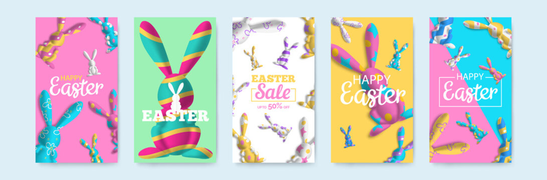 Happy Easter Vertical Banners Set For Social Media Mobile App Stories Design With 3d Rabbits Colorful Figures