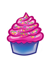 Pink cupcake illustration with icing and sprinkles white background isolated