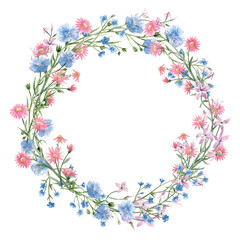 Obraz na płótnie Canvas Beautiful floral wreath with watercolor hand drawn gentle spring flowers. Stock illustration.