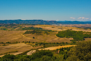 Fototapeta na wymiar The late summer landscape around Pienza in Val d'Orcia, Siena Province, Tuscany, Italy 