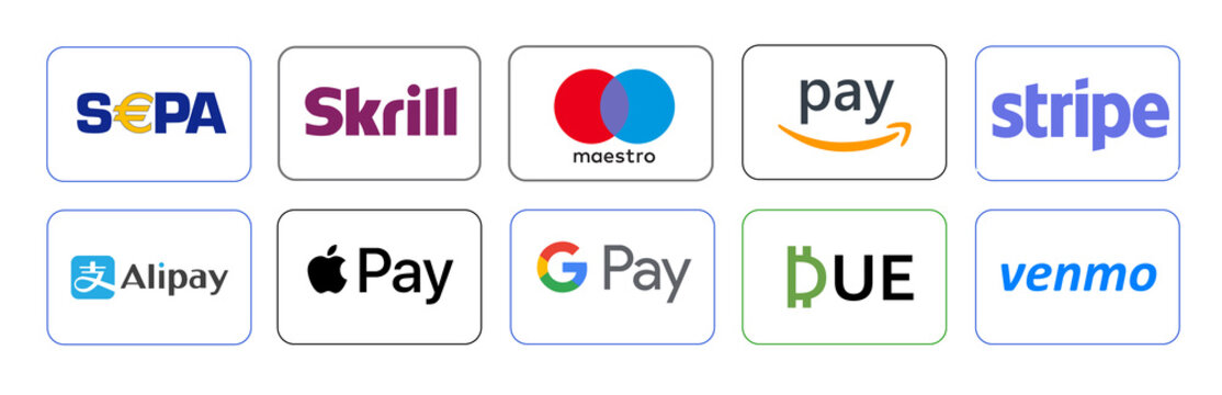 MYKOLAIV, UKRAINE - JANUARY 18, 2021: Logotypes of different payment systems on white background, illustration