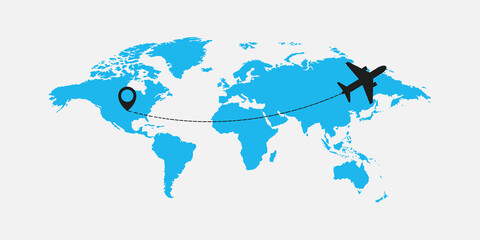 Flat world map with airplane illustration vector illustration