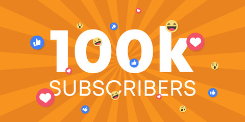 Thank you 100 000 subscribers background. With thumb up, face reaction vector illustration