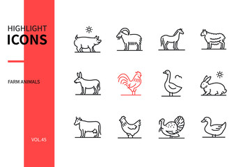 Farm animals collection - line design style icons set