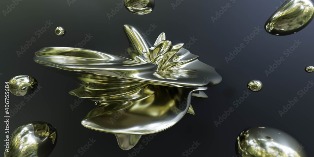 Poster golden rotating abstract shape on dark background 3d render illustration