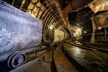 Trolleys stand in the deep underground metro tunnel. Construction of a subway line in the Dnipro city, Ukraine.