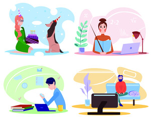Stay at home concept. People sitting at their home, watching TV, doing exercises and yoga, relax, communicate. Work, leisure and hobby on isolation. Vector illustration 