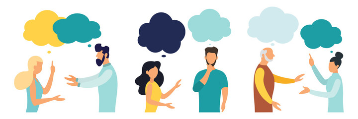 Obraz premium People with thoughts on a white background. Communication concept. Men and women. Flat style. Dialogue illustration