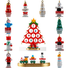 beautiful, wooden Christmas tree with toys of red color on a white background close-up