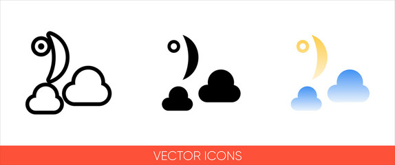 Fototapeta na wymiar Weather symbol moon with clouds or partly cloudy night sign icon of 3 types color, black and white, outline. Isolated vector sign symbol.