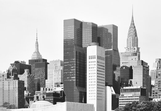 Black and white picture of New York City diverse architecture, USA.