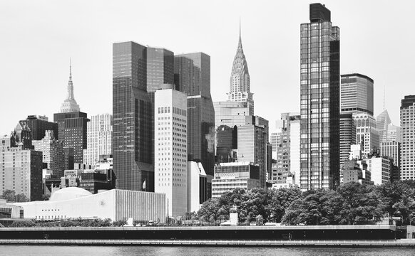 Black and white picture of New York City East River waterfront panorama, US.