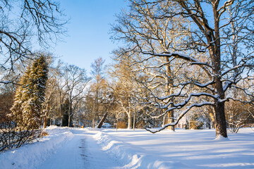 Beautiful view of Mustion Linna park in winter, Finland