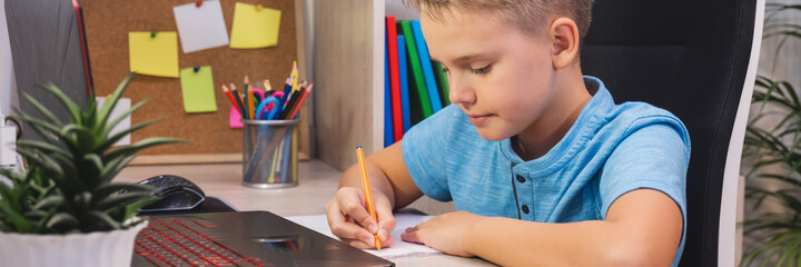 Distance learning, online education. A schoolboy studies at home with laptop and does school...