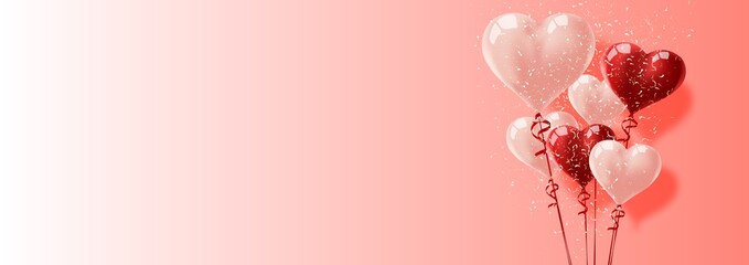 Balloon Hearts. Vector holiday illustration of flying bunch of red balloon hearts, and confetti particles. © raz234