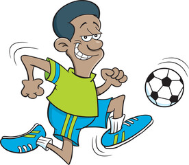 Cartoon illustration of an African American kicking a soccer ball.