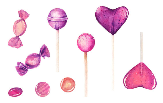 Set of watercolor candies and lollipops isolated on white background.