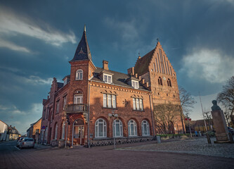 Church and main square in Stubbekoebing Falster in rural Denmark