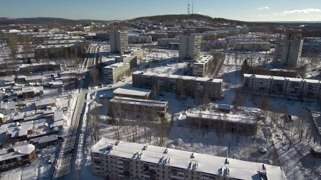 Kachkanar - industrial city in winter. Aerial view.