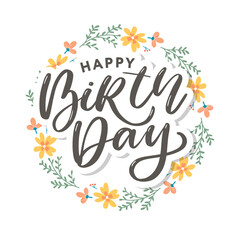 Beautiful happy birthday greeting card with flowers and bird. Vector party invitation with floral elements.