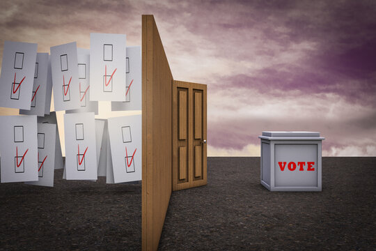 Voting Box Ready To Get Into A Door With Votes Demonstrating Searching For Votes Concept. 3D Illustration