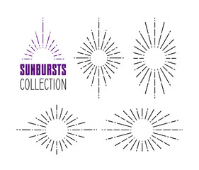 Set of Vintage Sunbursts in Different Shapes. Trendy Hand Drawn Retro Bursting Rays Design Elements. Hipster Vector illustration
