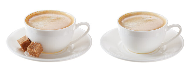A cup of espresso with and without brown sugar lumps. Set of images isolated on a white background.