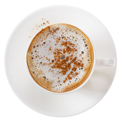 A cup of espresso coffee with cream and cinnamon. View from above. Isolated on white background.