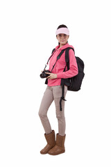 Portrait of young female with camera,carrying backpacker
