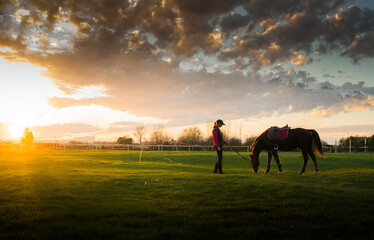 Naklejka na ściany i meble young girl with horse at the sunset