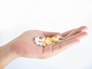 A woman with a medicine on one hand On a white background.