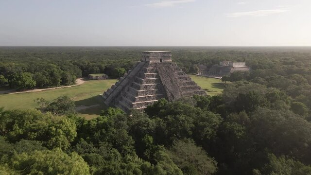Ancient Mayan City Chichen Itza, Mexico. Aerial View of Temples in Green Forest of Yucatan on Sunny Day, Drone Shot