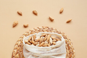 The concept of Zero waste. Reusable bag with nuts. Ecology and conservation of environment.