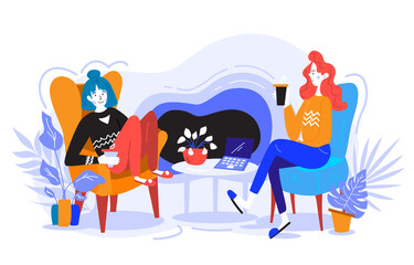 Girl are sitting on a sofa, working, chatting, and drinking coffee. Warm and cozy atmosphere. Team hobby concept. Flat vector colored illustration. Room interior design