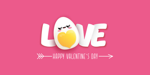 vector funny valentines day horizontal banner with cute egg character isolated on pink background. Happy Valentines day cartoon funky banner or poster.
