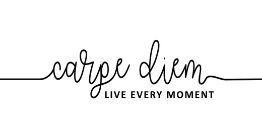 Slogan carpe diem, live every moment. Latin quote. Hat does seize the day mean or  Live now. Possitive, motivation and inspiration. Flat vector inspirational quote sign. Good vibes.