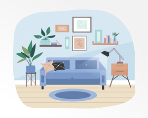 The warm and cozy interior of the living room. Completed with decorative plants and small furniture. Blue pastel tones. Flat vector illustration.