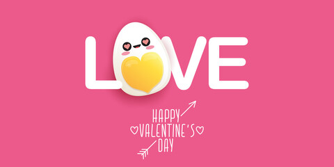 vector funny valentines day horizontal banner with cute egg character isolated on pink background. Happy Valentines day cartoon funky banner or poster.