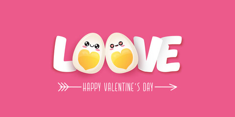Fototapeta premium vector funny valentines day horizontal banner with cute egg character isolated on pink background. Happy Valentines day cartoon funky banner or poster.