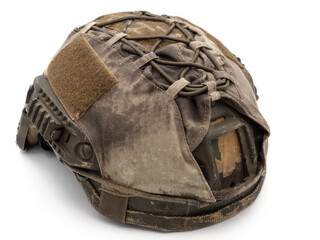 Fototapeta premium Us military tactical helmet Velcro for Chevron, case and straps Picatinny equipment. Photo isolated on a white background. The concept of weapons for airsoft and urban protests.