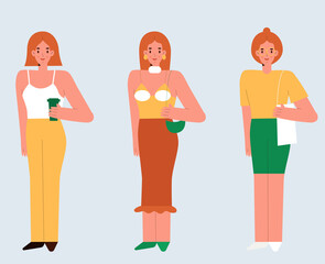 Set of three beautiful girls in outfits.