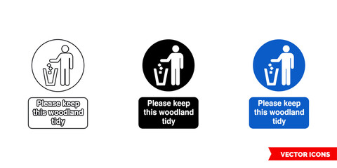 Please keep this woodland tidy mandatory sign icon of 3 types color, black and white, outline. Isolated vector sign symbol.